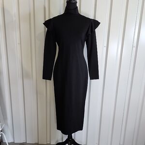HUNTER BELL Katelyn Black Long Sleeve Ruffle Shoulder Midi Dress Size Medium